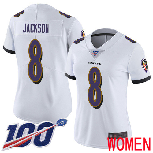 Baltimore Ravens Limited White Women Lamar Jackson Road Jersey NFL Football #8 100th Season Vapor Untouchable